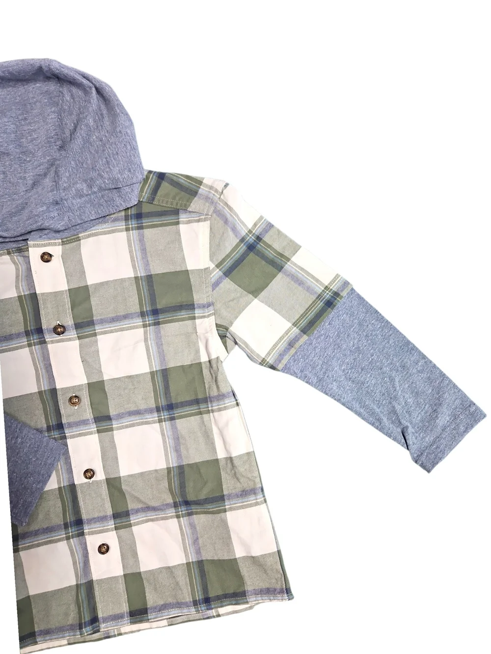 Carter's Boys Green Plaid Button-Down Shirt with Heather Blue Hood Size 7